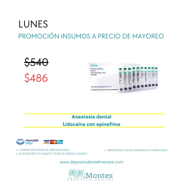 Anestesia dental XYON Lidocaína con epinefrina con 50 cartuchos vidrio